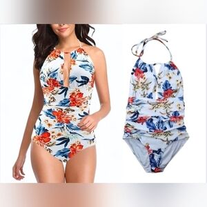 White Floral Ruched One-Piece Swimsuit Size Large Slimming Resort Swim
